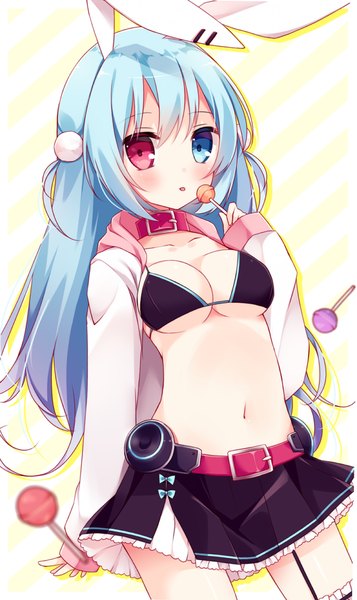 Anime picture 600x1007 with original hoshi (snacherubi) single long hair tall image looking at viewer fringe breasts light erotic simple background large breasts holding animal ears blue hair long sleeves bare belly midriff heterochromia outstretched arm bunny girl