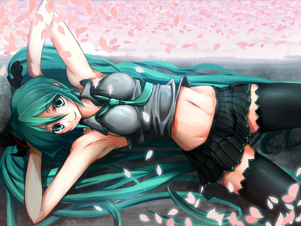 Anime picture 1920x1440 with vocaloid hatsune miku nohito highres green eyes lying very long hair green hair girl thighhighs skirt petals