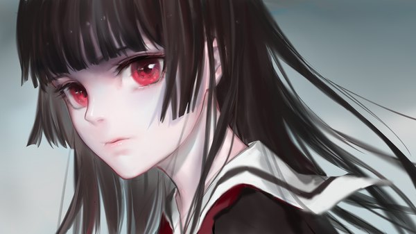 Anime picture 1920x1080 with hell girl studio deen enma ai qidai single long hair looking at viewer fringe highres black hair simple background red eyes wide image payot upper body blunt bangs grey background white skin hime cut girl