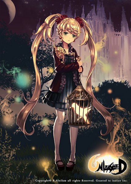 Anime picture 600x840 with unleashed r.alnilam single tall image blush fringe blonde hair twintails green eyes very long hair :o girl earrings animal bird (birds) clothes