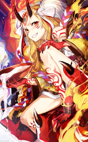 Anime picture 685x1100 with fate (series) fate/grand order ibaraki douji (fate) mika pikazo long hair tall image looking at viewer light erotic blonde hair smile sitting holding yellow eyes bent knee (knees) horn (horns) fingernails demon girl long fingernails oni horns demon