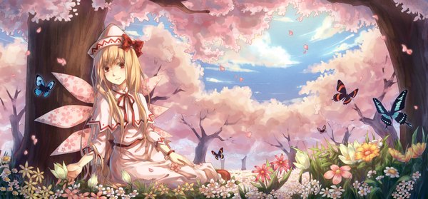 Anime picture 2143x999 with touhou lily white pollia single long hair looking at viewer highres blonde hair red eyes wide image cloud (clouds) cherry blossoms girl dress flower (flowers) bow plant (plants) hair bow hat wings