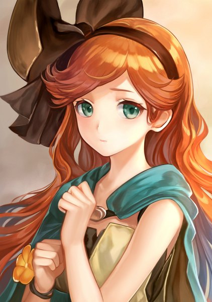 Anime picture 563x800 with granblue fantasy sara (granblue fantasy) siro single long hair tall image looking at viewer simple background green eyes upper body orange hair wavy hair brown background girl flower (flowers) bow bracelet hairband cape large bow