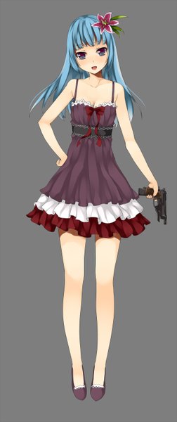 Anime picture 632x1500 with original unasaka ryou single long hair tall image looking at viewer blush open mouth blue eyes simple background blue hair hair flower girl dress hair ornament flower (flowers) weapon gun