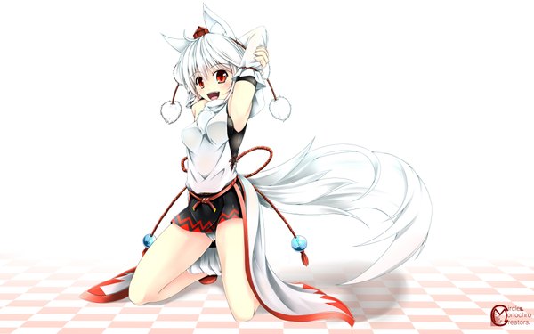 Anime picture 1920x1200 with touhou inubashiri momiji inyuppo (artist) single blush highres short hair open mouth light erotic red eyes wide image animal ears white hair animal tail checkered floor girl detached sleeves