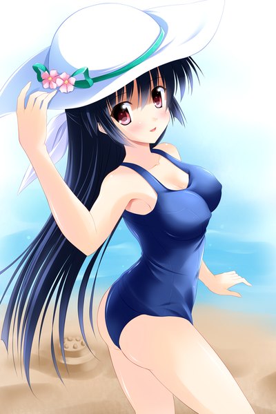 Anime picture 1000x1500 with ef a fairy tale of the two amamiya yuuko bashen chenyue single long hair tall image looking at viewer blush breasts open mouth light erotic smile large breasts bare shoulders ass looking back armpit (armpits) erect nipples beach turning head