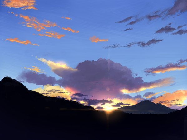 Anime picture 1600x1200 with original aratascape sky cloud (clouds) sunlight mountain no people landscape sunrise sun