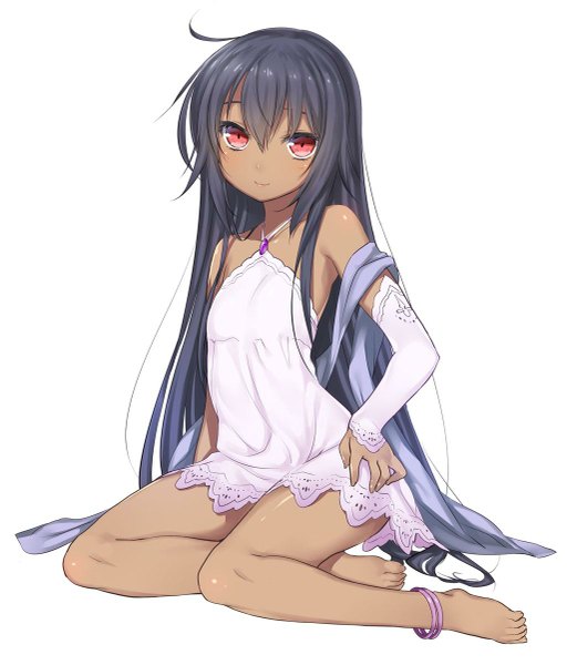 Anime picture 1025x1200 with 47agdragon single long hair tall image looking at viewer blush fringe breasts black hair simple background smile red eyes white background sitting bare shoulders ahoge barefoot hand on hip dark skin flat chest
