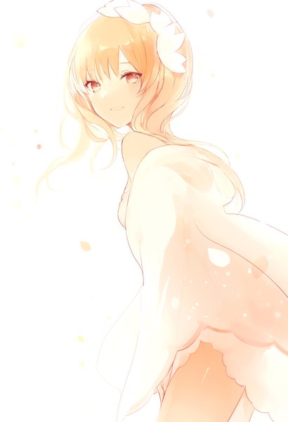 Anime picture 670x980 with original lpip single long hair tall image looking at viewer blush fringe breasts open mouth simple background blonde hair smile red eyes standing white background bare shoulders payot upper body long sleeves