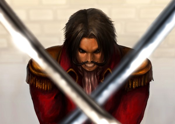 Anime picture 1754x1240 with one piece toei animation gol d roger jakuroi (pixiv) single looking at viewer highres short hair smile brown hair brown eyes realistic grin boy weapon sword epaulettes mustache