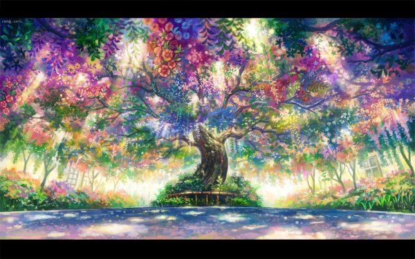 Anime picture 1200x750 with original kemi neko sunlight no people sunbeam flower (flowers) plant (plants) tree (trees) leaf (leaves) grass branch bench wisteria