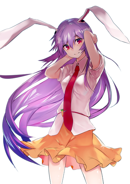 Anime picture 868x1228 with touhou reisen udongein inaba asuzemu single long hair tall image looking at viewer fringe simple background smile hair between eyes red eyes white background animal ears purple hair bunny ears arms behind head girl skirt necktie
