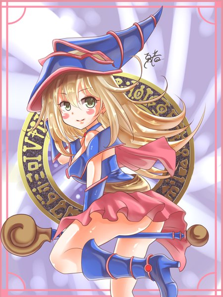 Anime picture 2100x2800 with yu-gi-oh! yu-gi-oh! duel monsters dark magician girl hikaru no yuska (artist) single long hair tall image fringe highres breasts light erotic blonde hair smile hair between eyes standing bare shoulders holding green eyes signed ass