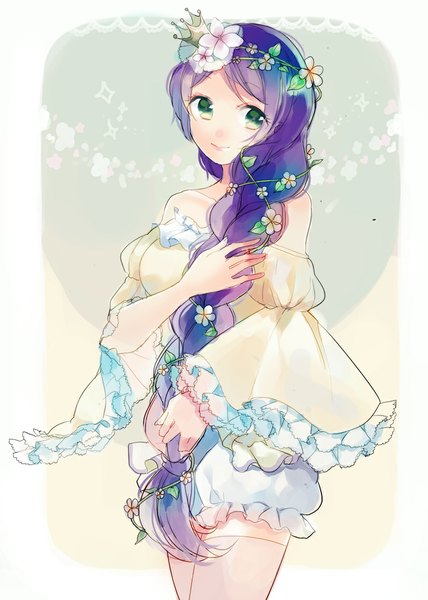Anime picture 800x1120 with love live! school idol project sunrise (studio) love live! toujou nozomi maayan single long hair tall image looking at viewer smile standing bare shoulders green eyes braid (braids) long sleeves hair flower wide sleeves single braid girl thighhighs