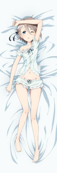 Anime picture 2957x8860 with princess principal ange (princess principal) single tall image looking at viewer blush fringe highres short hair blue eyes light erotic hair between eyes full body lying one eye closed barefoot grey hair bare belly on back hand on head