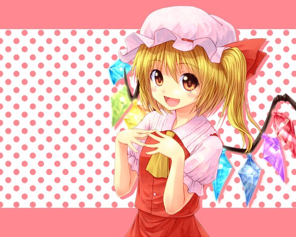 Anime picture 1280x1024 with touhou flandre scarlet shimada (simada bu) single looking at viewer short hair open mouth blonde hair red eyes girl dress wings crystal
