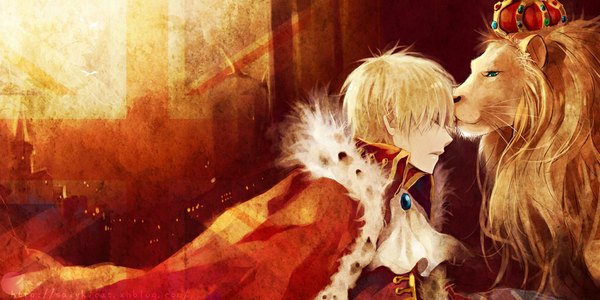 Anime picture 1000x500 with axis powers hetalia studio deen the chronicles of narnia united kingdom (hetalia) aslan (lion) lc hi ji (saiyki) short hair blonde hair wide image eyes closed profile boy animal crown mantle lion whiskers