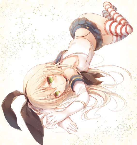 Anime picture 1100x1167 with kantai collection shimakaze destroyer komeshiro kasu single long hair tall image looking at viewer blonde hair green eyes lying no shoes zettai ryouiki on side girl thighhighs skirt gloves hair ornament underwear panties