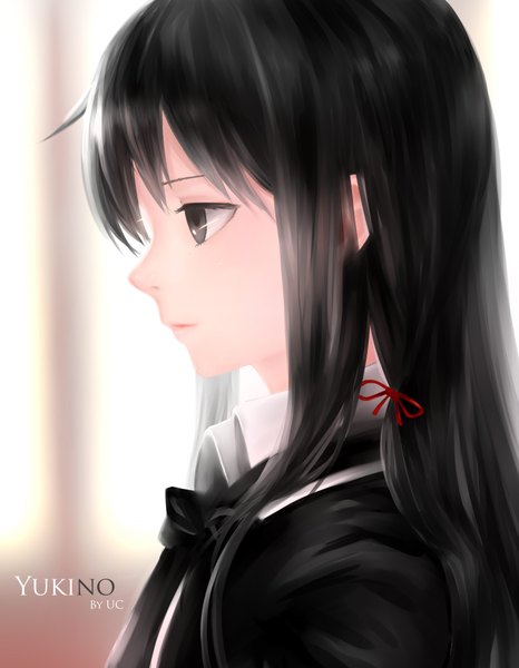 Anime picture 1500x1930 with yahari ore no seishun love comedy wa machigatteiru. brains base (studio) yukinoshita yukino ulyssesd single long hair tall image fringe black hair signed looking away upper body profile light smile lips blurry grey eyes character names watermark portrait