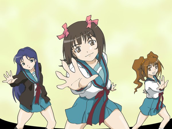 Anime picture 1024x768 with idolmaster suzumiya haruhi no yuutsu kyoto animation kisaragi chihaya amami haruka takatsuki yayoi twintails crossover parody girl uniform school uniform