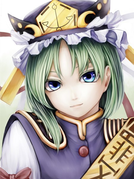 Anime picture 800x1066 with touhou shikieiki yamaxanadu nishi masakazu single tall image looking at viewer short hair blue eyes green hair face girl dress hat rod of remorse