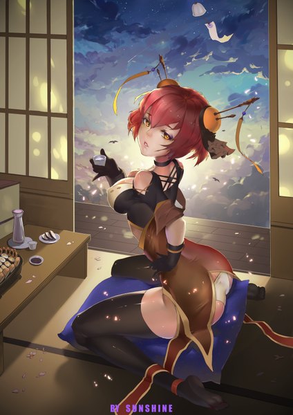 Anime picture 2480x3507 with touhou ibaraki kasen sunshine (1638509769) single tall image looking at viewer fringe highres short hair breasts light erotic hair between eyes sitting bare shoulders signed yellow eyes sky cleavage cloud (clouds) red hair