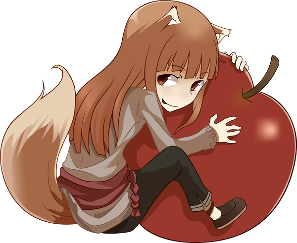 Anime picture 2696x2209 with spice and wolf horo single long hair highres red eyes brown hair sitting holding animal ears looking away tail animal tail hug transparent background wolf ears wolf tail girl belt fruit