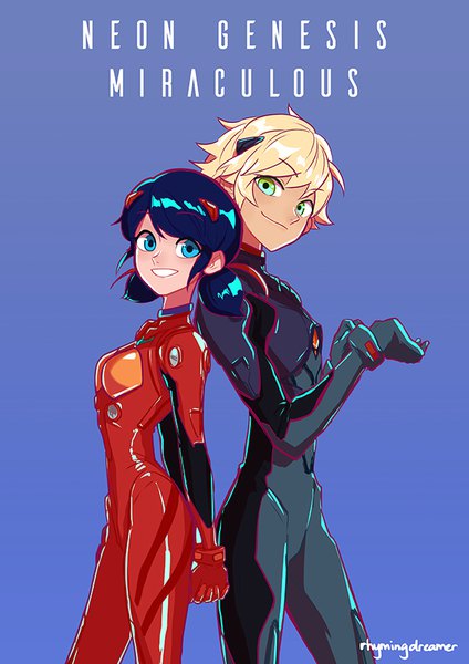 Anime picture 600x849 with neon genesis evangelion miraculous ladybug gainax marinette cheng adrien agreste ladybug (character) chat noir rhymingdreamer tall image looking at viewer fringe short hair blue eyes blonde hair simple background smile twintails green eyes signed blue hair