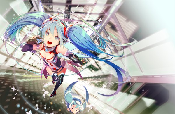 Anime picture 2000x1301 with vocaloid hatsune miku gin (oyoyo) highres open mouth multiple girls very long hair aqua eyes from above aqua hair flying chibi insect wings singing girl thighhighs 2 girls detached sleeves wings choker