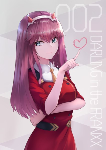 Anime picture 2480x3507 with darling in the franxx studio trigger zero two (darling in the franxx) baishang canzhuo single long hair tall image fringe highres smile hair between eyes standing looking away pink hair upper body horn (horns) aqua eyes grey background copyright name girl