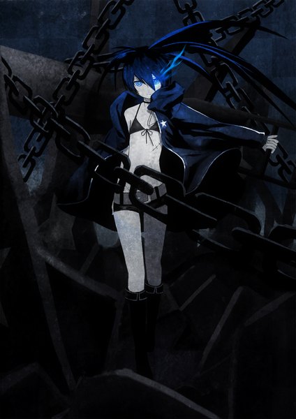 Anime picture 1169x1654 with black rock shooter black rock shooter (character) tianya beiming single long hair tall image looking at viewer fringe blue eyes twintails blue hair midriff glowing dark background glowing eye (eyes) pale skin walking girl navel shorts