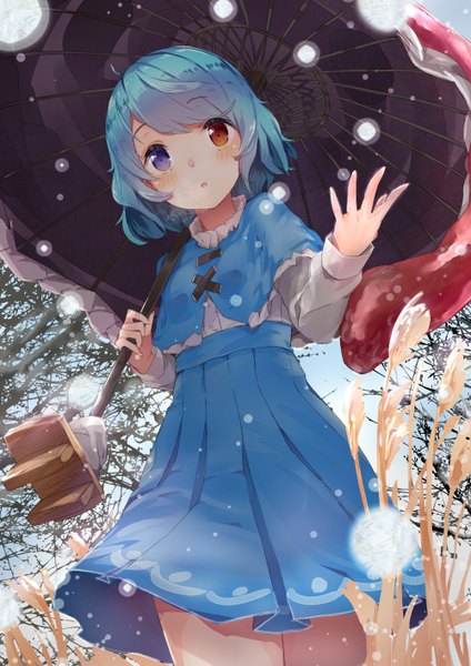 Anime picture 1000x1415 with touhou tatara kogasa yukizumi remon single tall image looking at viewer blush short hair blue hair parted lips :o from below heterochromia snowing winter snow bare tree girl plant (plants) tree (trees)