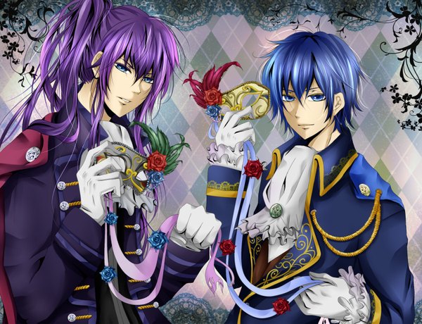 Anime picture 1500x1150 with vocaloid kaito (vocaloid) kamui gakupo long hair short hair blue eyes blue hair purple hair multiple boys boy gloves flower (flowers) ribbon (ribbons) 2 boys mask suit brooch