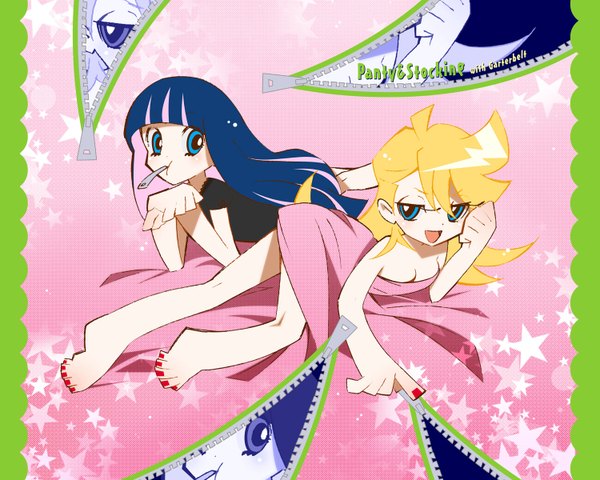 Anime picture 1500x1200 with panty & stocking with garterbelt anarchy stocking anarchy panty yukimitsuki long hair fringe blue eyes blonde hair bare shoulders multiple girls looking away lying nail polish multicolored hair two-tone hair colored inner hair red nail polish toenail polish girl dress