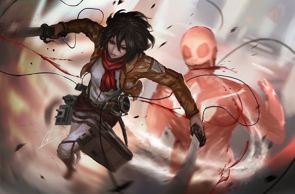 Anime picture 1191x788 with shingeki no kyojin production i.g mikasa ackerman bertolt hoover colossal titan cglas short hair black hair brown eyes battle girl weapon sword jacket boots scarf blood red scarf