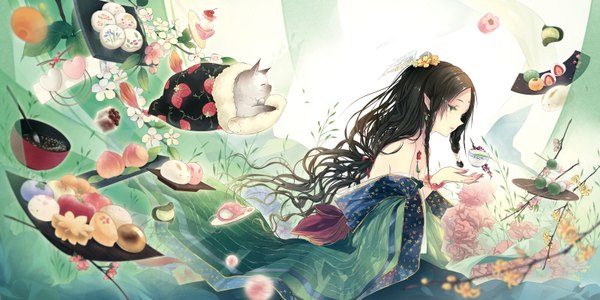 Anime picture 1600x800 with original kieta long hair open mouth black hair wide image bare shoulders green eyes looking away eyes closed traditional clothes japanese clothes hair flower wavy hair green background girl hair ornament flower (flowers) earrings wings
