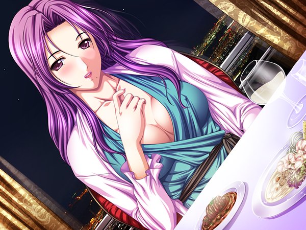 Anime picture 1200x900 with long hair breasts light erotic purple eyes game cg purple hair city girl food table