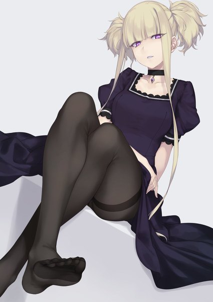 Anime picture 850x1200 with aoki hagane no arpeggio kongou (aoki hagane no arpeggio) rokuwata tomoe single long hair tall image looking at viewer light erotic blonde hair sitting purple eyes twintails legs short twintails girl dress pantyhose choker black pantyhose