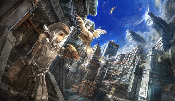 Anime picture 1400x810 with original kentarou single long hair red eyes wide image sky silver hair cloud (clouds) city girl hat animal bird (birds) building (buildings) bag feather (feathers) owl