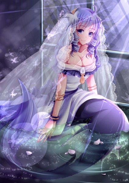 Anime picture 706x1000 with touhou wakasagihime doc.lnn single long hair tall image looking at viewer fringe breasts smile sitting purple eyes cleavage purple hair ahoge head tilt sunlight partially submerged drill hair sunbeam