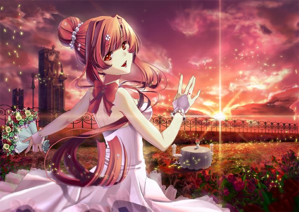 Anime picture 1000x711 with original yuki (rose snow) single long hair looking at viewer open mouth red eyes sky cloud (clouds) red hair evening sunset girl dress flower (flowers) rose (roses) bouquet