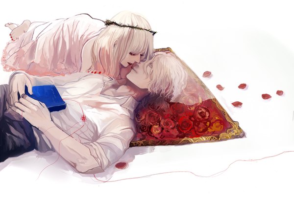 Anime picture 1929x1316 with original maydell long hair fringe highres short hair white hair lying eyes closed nail polish fingernails lips on back almost kiss girl boy flower (flowers) petals rose (roses) book (books)