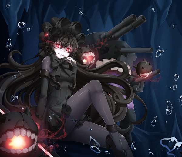 Anime picture 2100x1813 with kantai collection isolated island hime sora (pixiv id=6767230) long hair looking at viewer fringe highres black hair smile red eyes sitting bent knee (knees) teeth high heels glowing finger to mouth glowing eye (eyes) clenched teeth white skin shinkaisei-kan