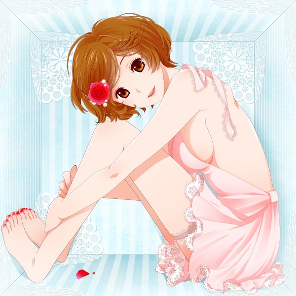 Anime picture 1250x1250 with vocaloid meiko jirou (asami512jump) single looking at viewer short hair light erotic red eyes brown hair barefoot hair flower legs girl dress hair ornament petals