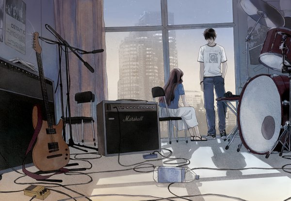 Anime picture 1280x885 with original selina (artist) long hair short hair sitting indoors girl window chair bottle musical instrument guitar room