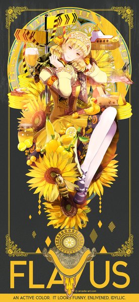 Anime picture 750x1625 with original yuu (arcadia) single long hair tall image looking at viewer blonde hair yellow eyes dark background girl dress flower (flowers) animal insect fruit fox lemon bee