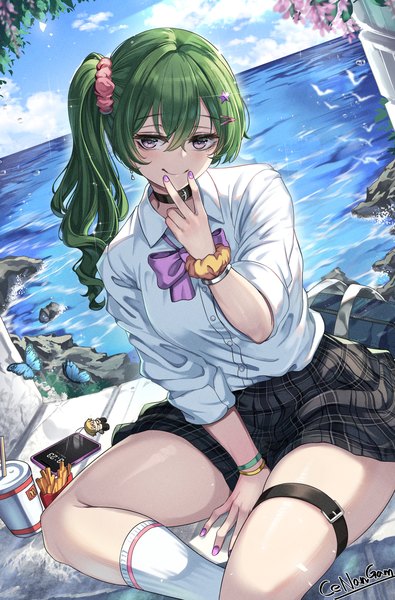 Anime picture 1448x2200 with sousou no frieren ubel (sousou no frieren) land (sousou no frieren) cenangam single long hair tall image looking at viewer fringe smile hair between eyes sitting purple eyes signed sky cloud (clouds) outdoors nail polish green hair arm support
