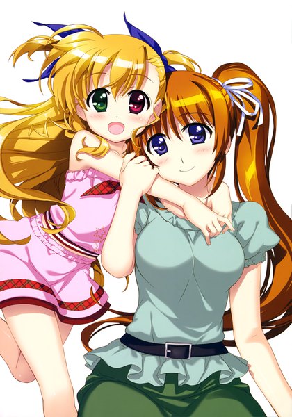 Anime picture 2865x4094 with mahou shoujo lyrical nanoha takamachi nanoha takamachi vivio fujima takuya tall image blush highres blonde hair purple eyes multiple girls orange hair official art loli heterochromia side ponytail girl dress ribbon (ribbons) bow 2 girls