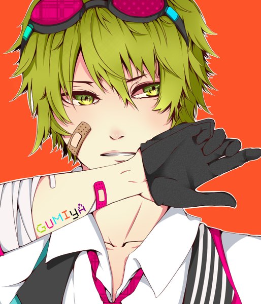 Anime picture 1200x1400 with vocaloid gumo yurica single tall image short hair open mouth green eyes green hair inscription orange background bandaid on face bandaid on arm boy shirt glasses necktie single glove bandaid