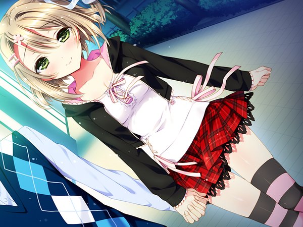 Anime picture 1024x768 with relations sister x sister ise haruka kamiya maneki short hair blonde hair green eyes game cg holding hands girl thighhighs striped thighhighs